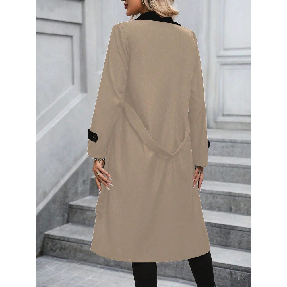 Two Tone Lapel Collar Belted Trench Coat preppy - Picture 4 of 9